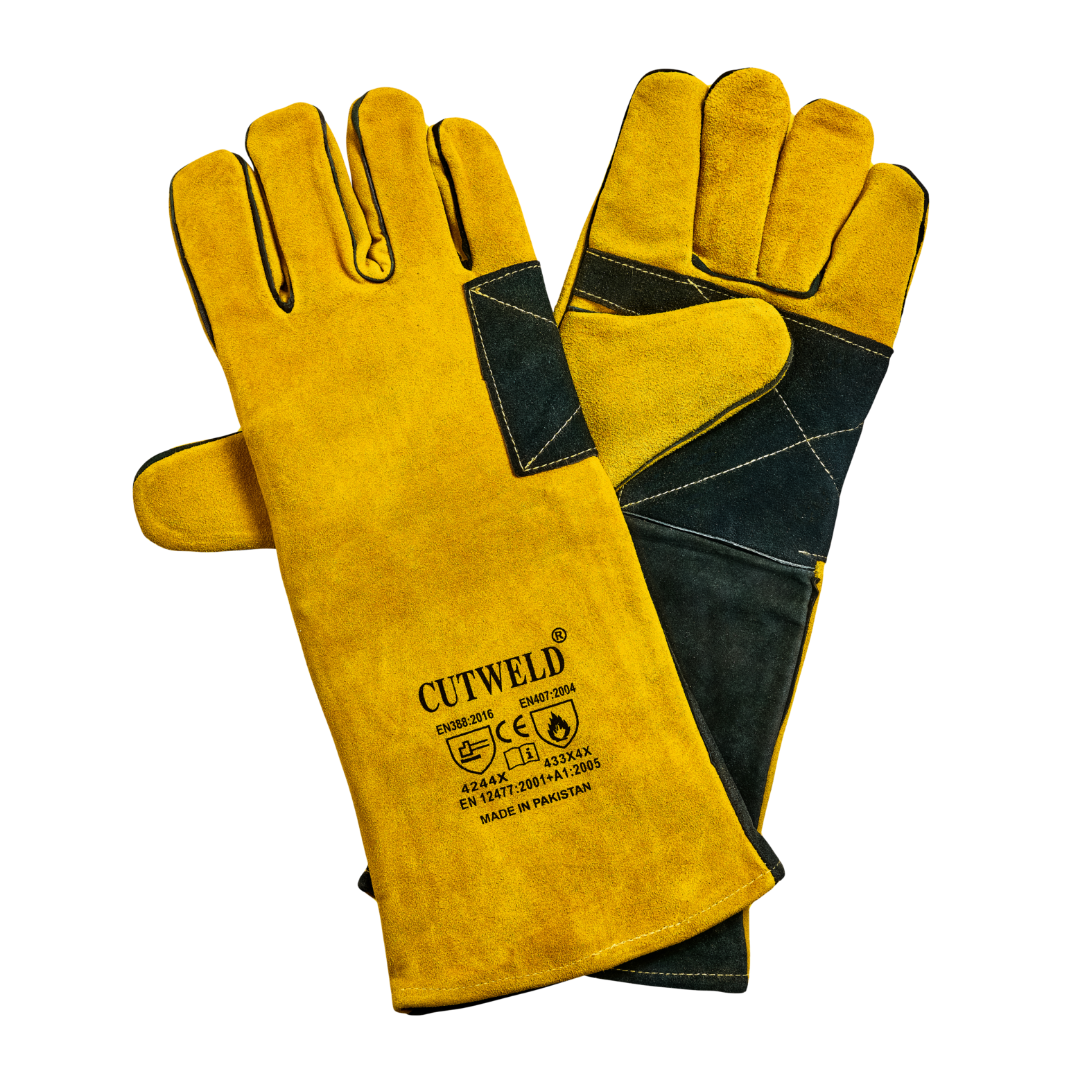 GUANTES DE CUERO PARA SOLDAR CON REFUERZO EN LA PALMA 16″ H-50-YBD CUTWELD