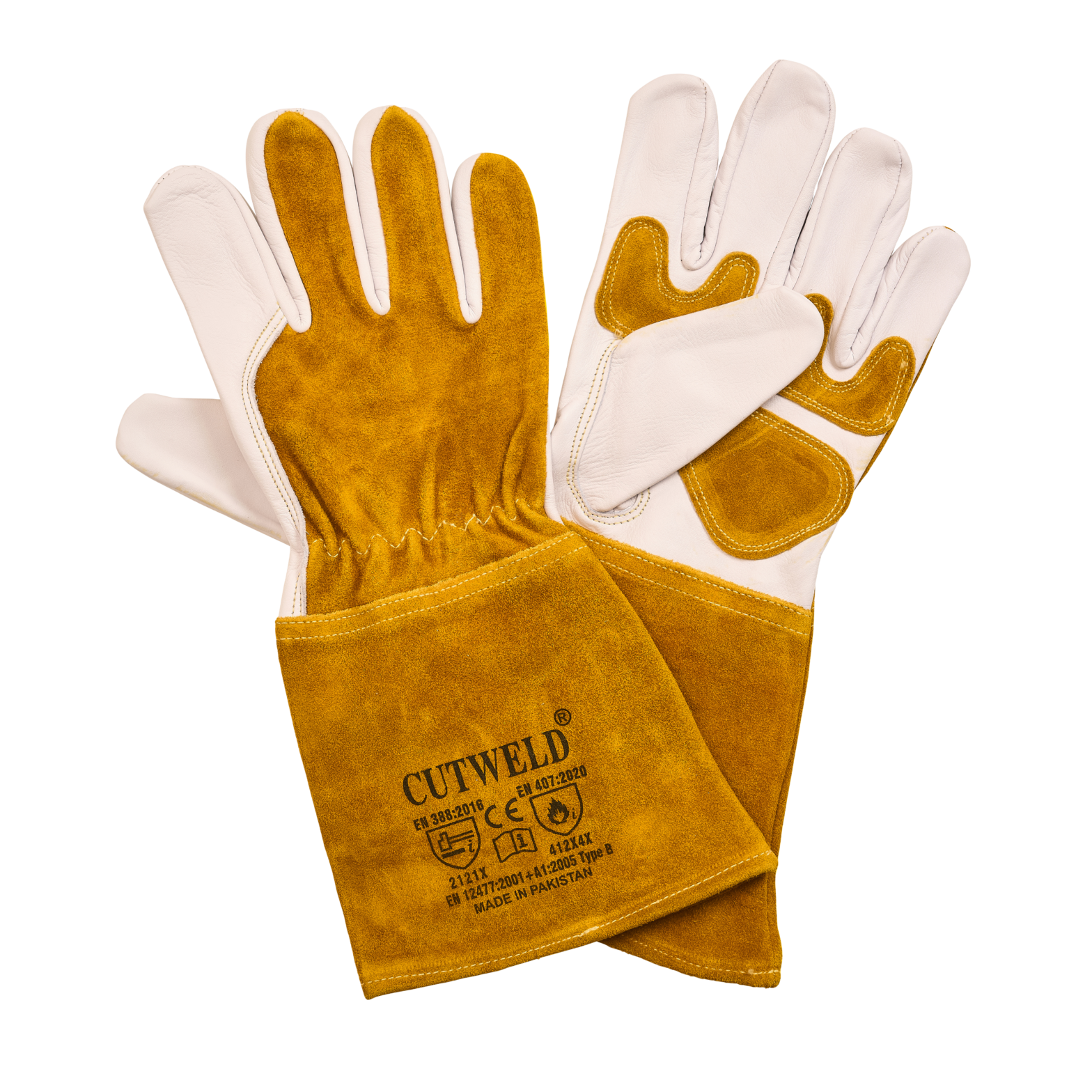 GUANTES DE CUERO PARA TIG CON REFUERZO EN LA PALMA 14″ H-838 CUTWELD.